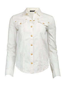 Balmain Women's Distressed Button Up Shirt, Size 6 UK, White, Denim Balmain Women's Distressed Button Up Shirt, Size 6 UK, White, Denim