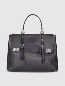 Prada Black Leather Double Turnlock Top Handle Bag