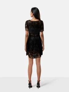 Marchesa Notte Black Lace Sequinned Knee Length Dress