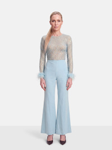 Nadine Merabi Blue Embellished Feather Cuff Jumpsuit