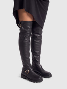 Jimmy Choo Black Faux Leather Over the Knee Biker Boots