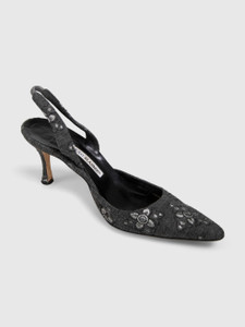 Manolo Blahnik Grey Floral Embroidered Carolyne Heels
