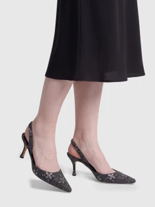 Manolo Blahnik Grey Floral Embroidered Carolyne Heels