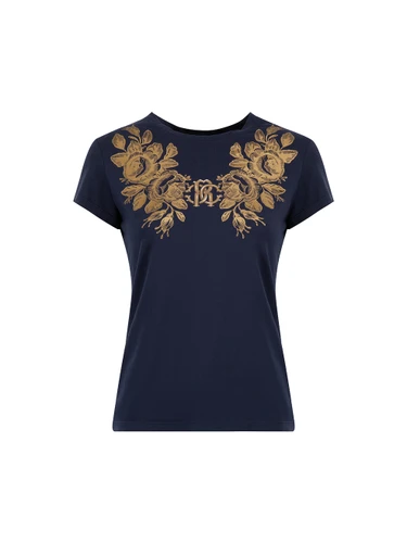 Roberto Cavalli Navy Rose Print T-Shirt