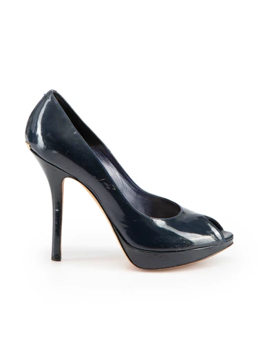 Dior Navy Patent Peep Toe Platform Heels