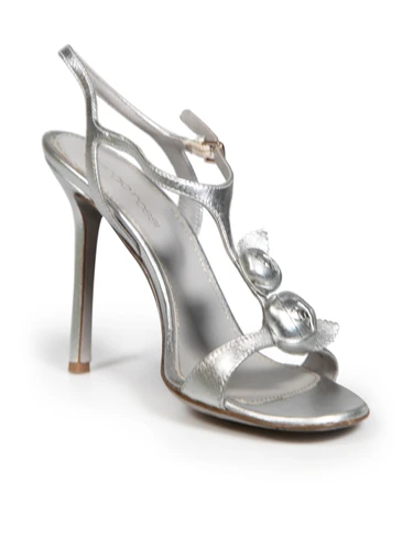 Sergio Rossi Silver Leather Rose Detail Sandals