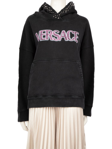 Versace Black Studded Vintage Wash Effect Logo Hoodie