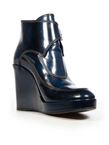 Balenciaga Navy Leather Wedge Heel Boots