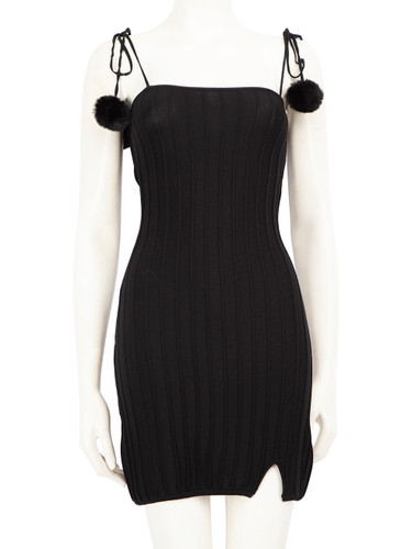 For Love & Lemons Black Knit Pompom Strap Dress