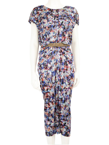 Saloni Patterned Gemstone Detail Midi Dress