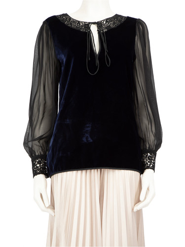 Dolce & Gabbana Navy Silk Sheer Sleeves Blouse