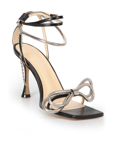 Mach & Mach Black Leather Open Toe Metal Bow Sandals