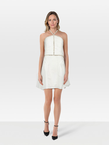 Self-Portrait White Taffeta Diamanté Trim Mini Dress Self-Portrait White Taffeta Diamanté Trim Mini Dress