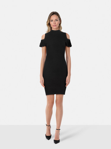 Maje Black Ribbed Knit Mini Off Shoulder Dress Maje Black Ribbed Knit Mini Off Shoulder Dress