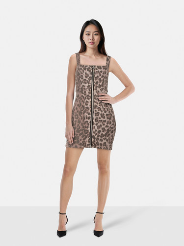 Nicholas Leopard Print Denim Front Zip Mini Dress