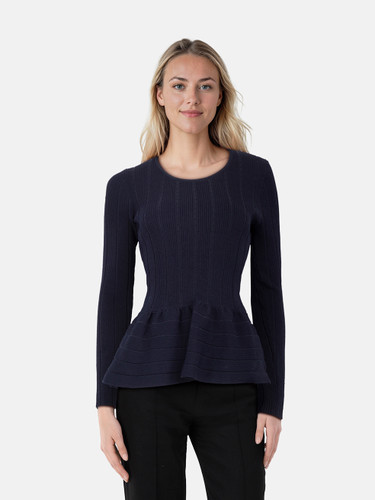Sandro Navy Ribbed Long Sleeve Peplum Top
