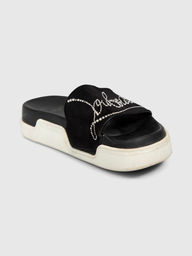 Christian Louboutin Black Suede Crystal Logo Slides Christian Louboutin Black Suede Crystal Logo Slides
