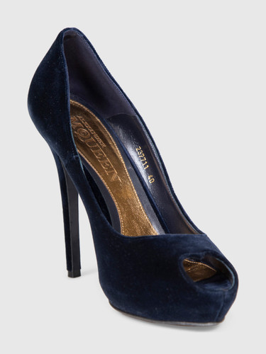Alexander McQueen Navy Velvet Peep Toe Heels