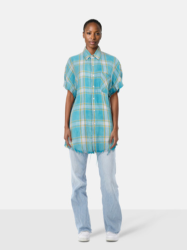 R13 Blue Tartan Distressed Flannel Shirt
