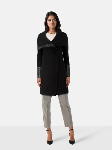 Club Monaco Black Wool & Lamb Leather Trim Coat