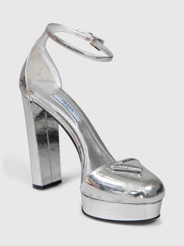 Prada Silver Leather Logo Detail Heels