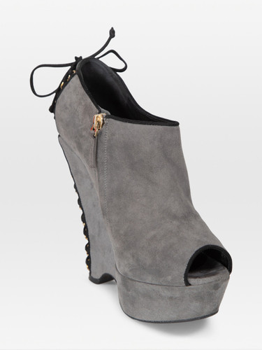 Saint Laurent Grey Suede Peep Toe Lace Up Wedge