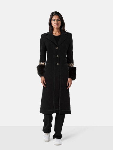 John Galliano Black Wool Fox Fur Cuff Long Coat
