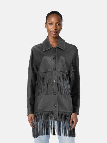 Barneys Originals Black Leather Fringed Jacket