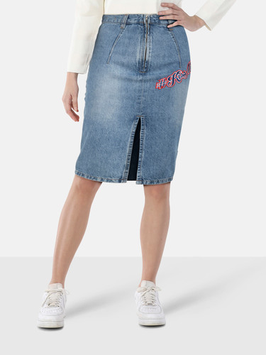 Philipp Plein Blue Denim Patchwork Knee Length Skirt