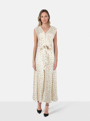 DÔEN Ecru Floral Print Silk Midi Dress
