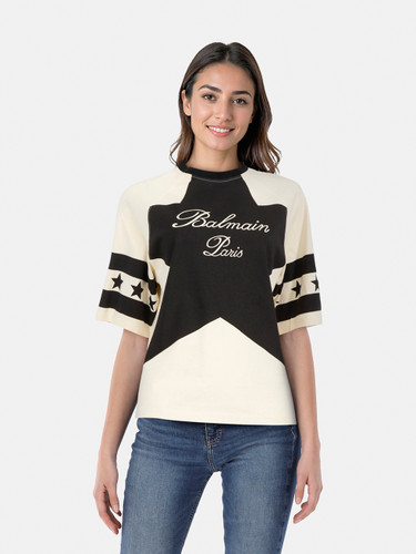 Balmain Ecru & Black Logo-Glamorama T-Shirt