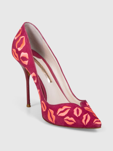 Sophia Webster Pink Suede Embroidered Lips Pumps