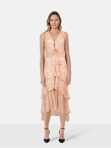 Maje Pink Midi Metallic Detail Tiered Dress