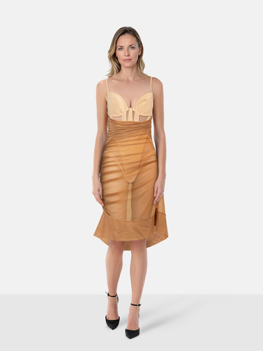 Mugler Beige Sheer Draped Corset Dress
