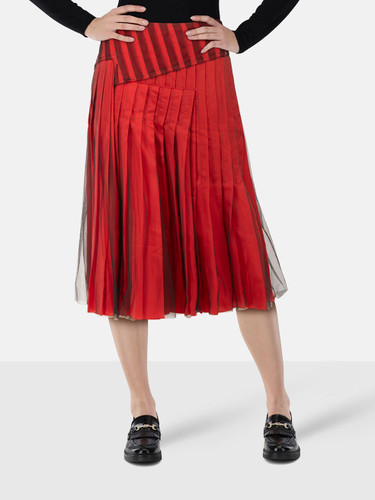 Bottega Veneta Red & Black Mesh Pleated Midi Skirt Bottega Veneta Red & Black Mesh Pleated Midi Skirt