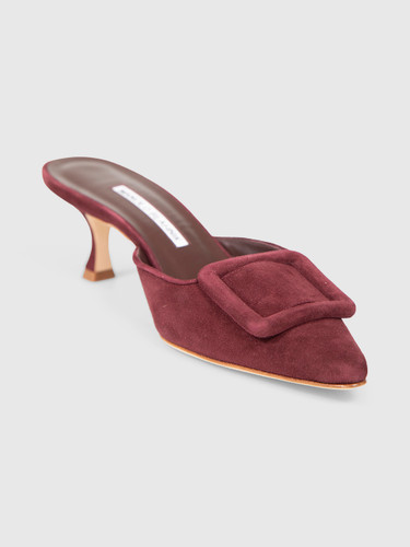 Manolo Blahnik Burgundy Suede Maysale Mules