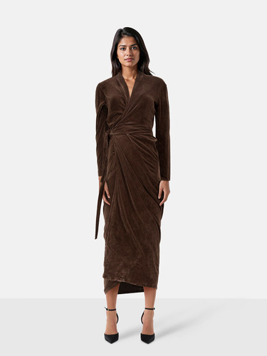 Rick Owens Brown Velvet Midi Wrap Dress