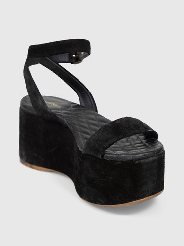Chanel 2015 Black Suede CC Wedge Sandals