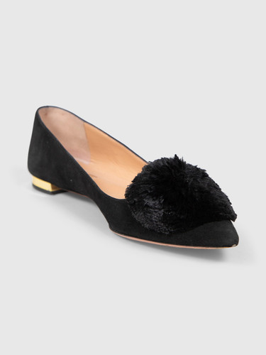 Aquazzura Black Suede Pom Pom Flats