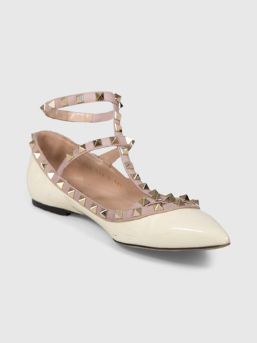Valentino Garavani Ecru Patent Leather Rockstud Flats
