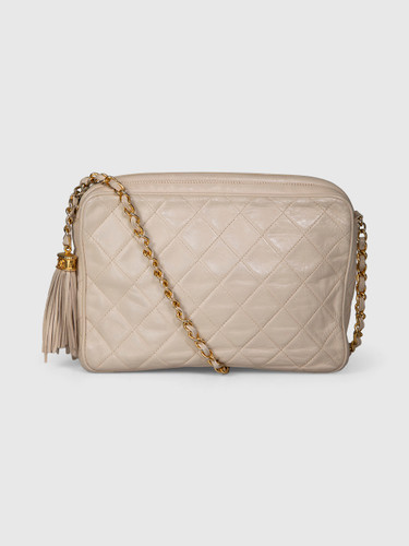 Chanel Vintage Ecru Quilted Leather Tassel Camera Bag