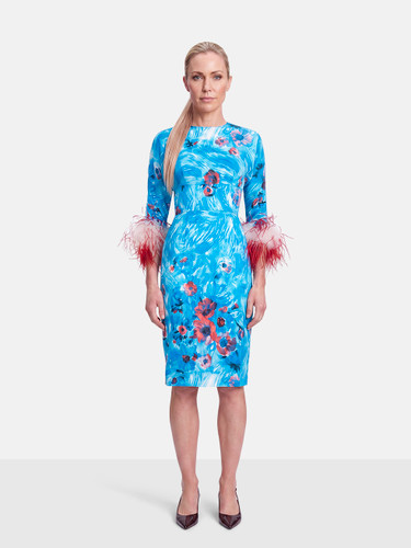 Prada F/W2017 Floral Ostrich Feather Trim Midi Dress Prada F/W2017 Floral Ostrich Feather Trim Midi Dress