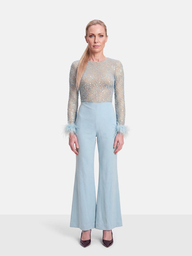 Nadine Merabi Blue Embellished Feather Cuff Jumpsuit