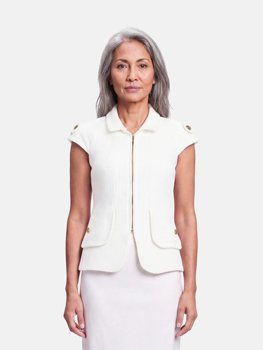 Chanel Spring 2007 White Boucle Tweed Zip Up Top