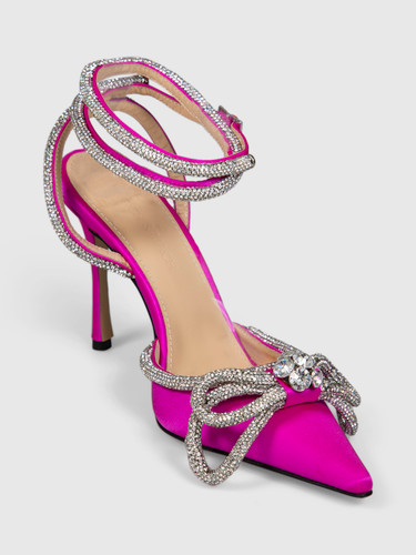 Mach & Mach Pink Double Bow Crystal Satin Heels
