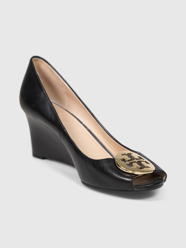 Tory Burch Black Leather Peep Toe Wedges