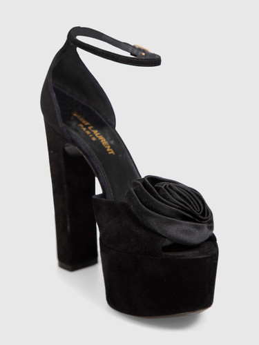 Saint Laurent Black Suede Jodie Flower Detail Platform Sandals