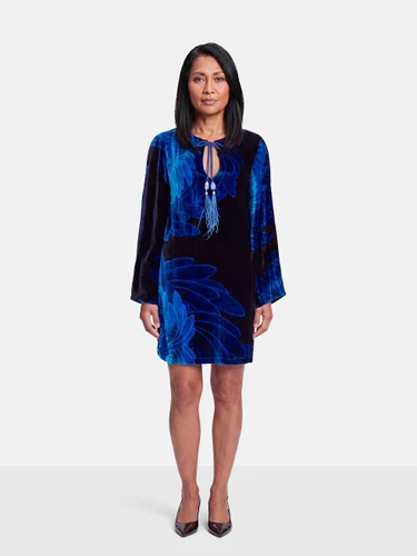 Themis Z Blue Silk Flared Sleeves Floral Dress