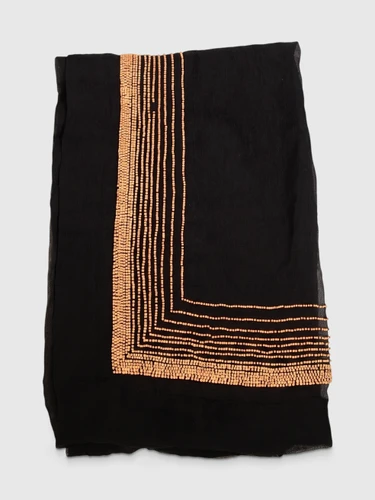 Dries Van Noten Black Silk & Beige Beaded Scarf