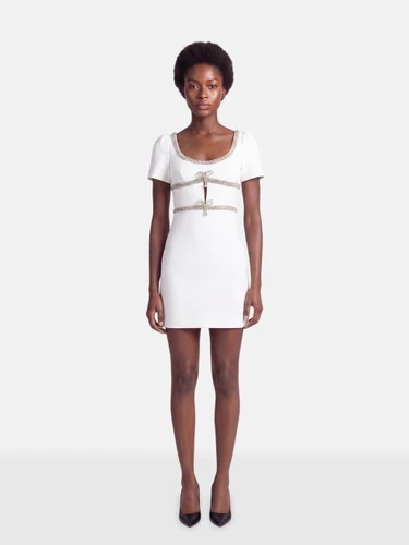Self-Portrait White Diamanté Bow Trim Midi Dress